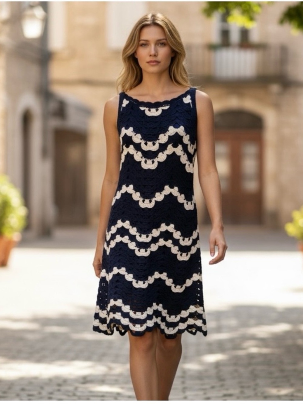 Sleeveless Navy and Cream Crochet A-Line Dress